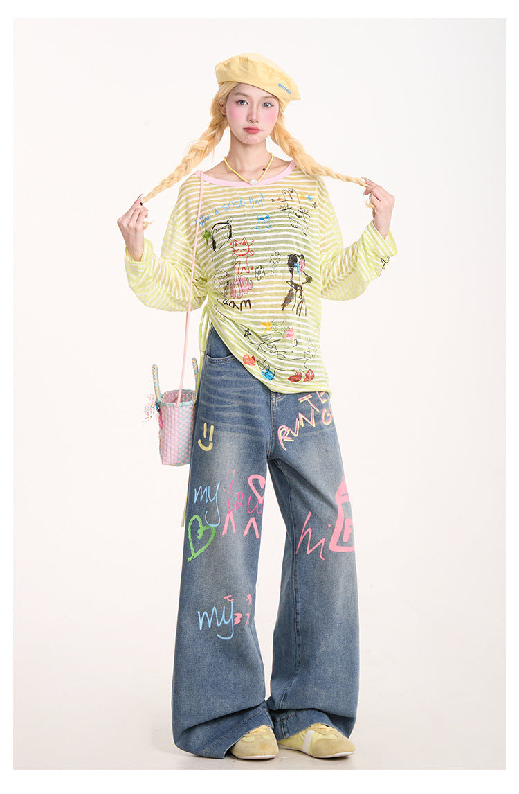 American Graffiti Print Jeans for Women, Trendy Retro Washed Straight Pants, Loose Casual Drape Versatile Casual Pants