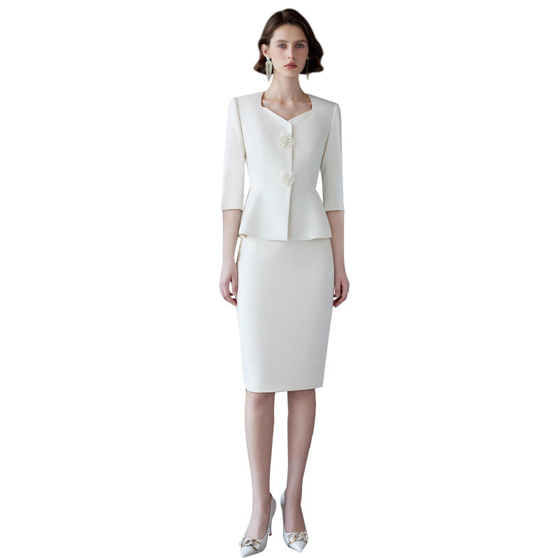 Ad Spring/Summer 2026 New Women's Suit Set, Elegant White Three-Quarter Sleeve Business Attire, Chanel-Style Two-Piece Set