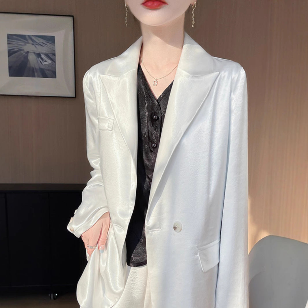 Light Luxury French Style Slimming Women's Coat Belt Satin Suit Women's Loose Elegant Glossy Casual Suit