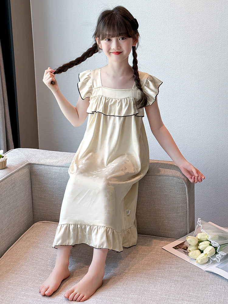 Girls' Summer Ice Silk Jacquard Butterfly Nightgown 2025 New Western Style Children's Thin Pajamas Large Children's Home Clothes
