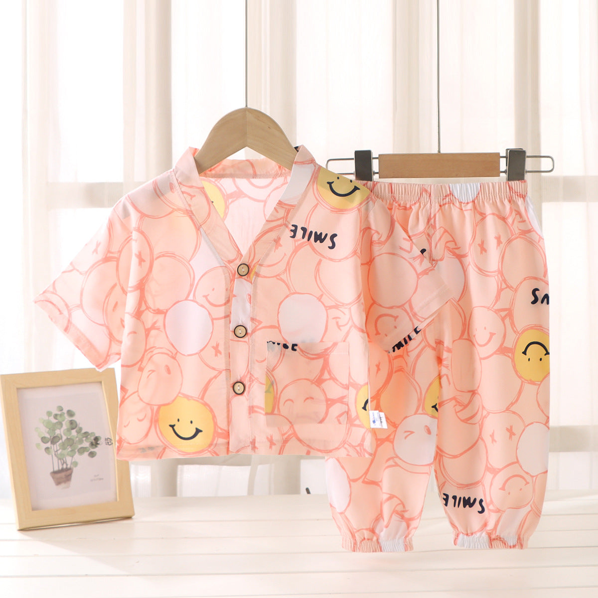 Children's Home Clothes Cotton Silk Suit Summer Boys and Girls Pajamas Artificial Cotton Two-Piece Set Cotton Silk Air-Conditioned Clothes Kidsren's Clothing