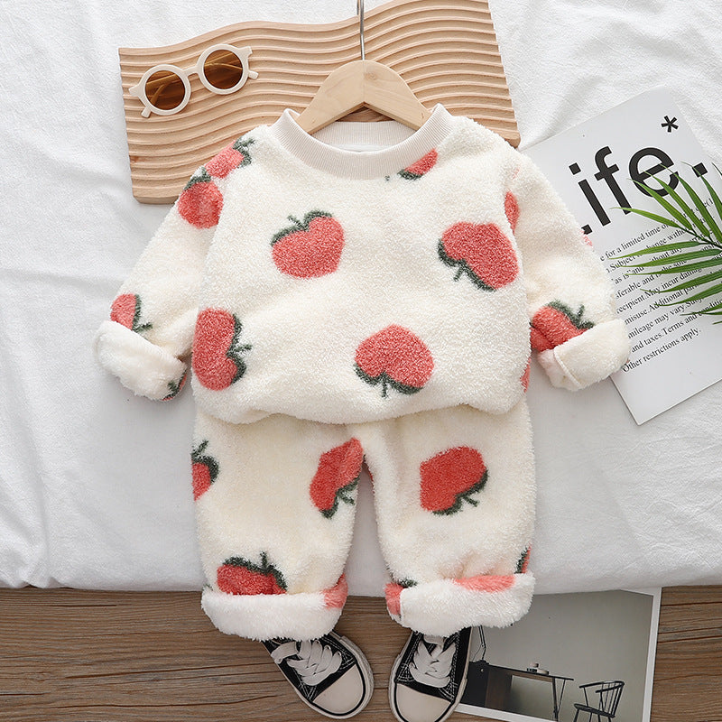 Free Shipping Yukids Kidsren's Autumn and Winter Home Clothes Set for Men and Women Baby Flannel Fruit Warm Two-Piece Set