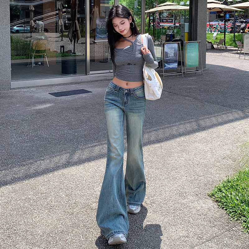 American Hot Girl Washed Retro Slim Jeans for Women Early Autumn New Versatile Fashionable and Comfortable Low-Waist Micro-Flared Pants