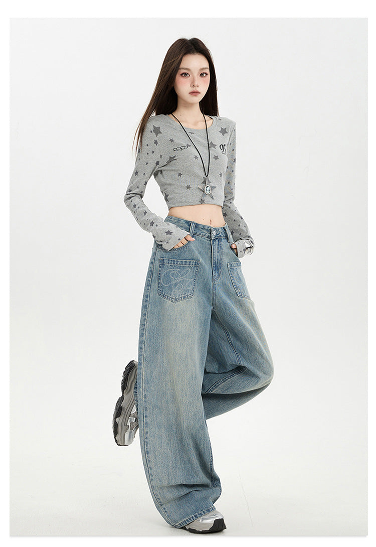 Raccoon House # American Retro Design Embroidered Jeans for Women 2025 Autumn New High-Waisted Loose Wide-Leg Pants Trendy