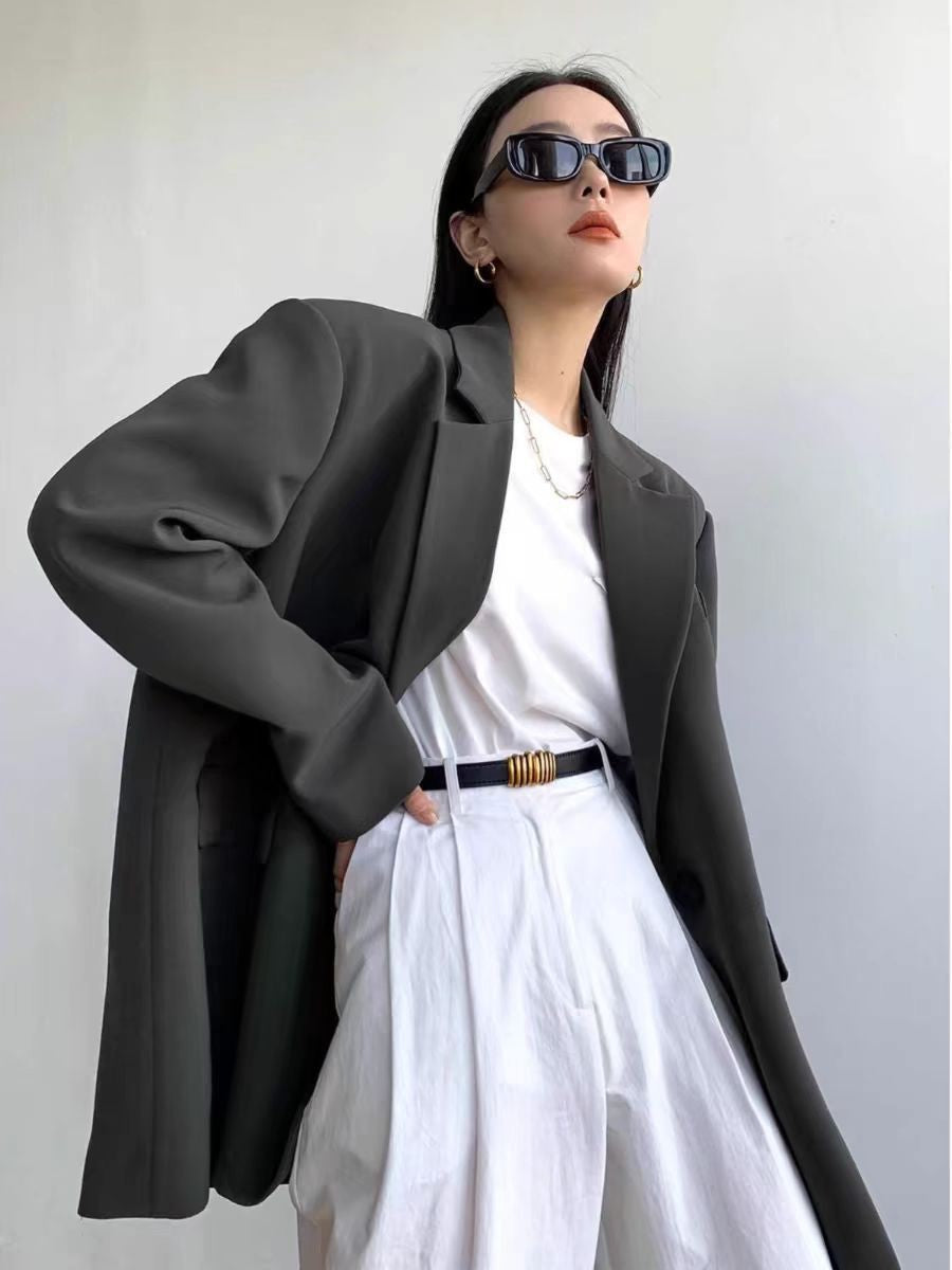 New Style Commuter Mid-Length Suit Jacket for Women, Loose Korean Style Slimming Black Temperament Fashion Jacket