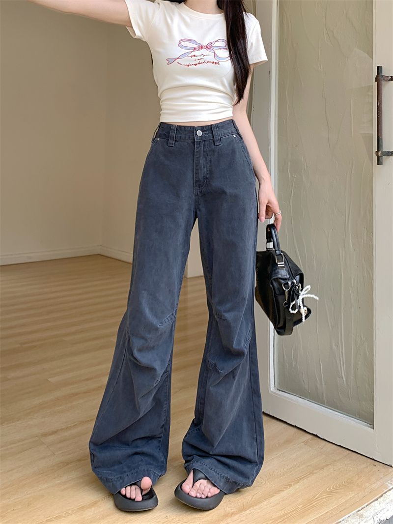 American Retro Design Workwear Jeans for Women New High Street Personalized Pleated Loose Straight Casual Pants