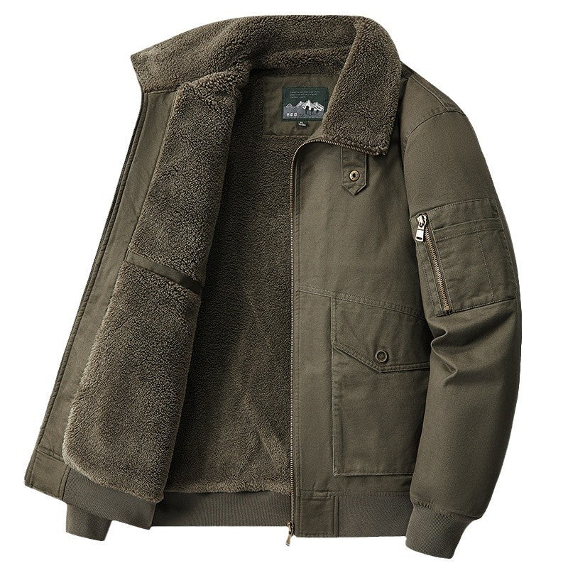 2024 Autumn and Winter Cross-Border Cotton-Padded Jacket with Fleece Lining, Thickened for Warmth, Large Size Windproof and Cold-Resistant Casual Turn-Down Collar Coat