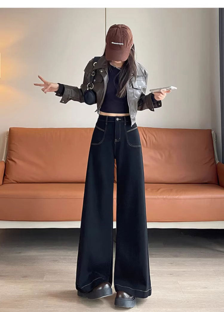 2025 New High-Waisted Black Wide-Leg Jeans for Women, Fashionable and Versatile Spring & Fall Loose Large-Flared Straight Pants