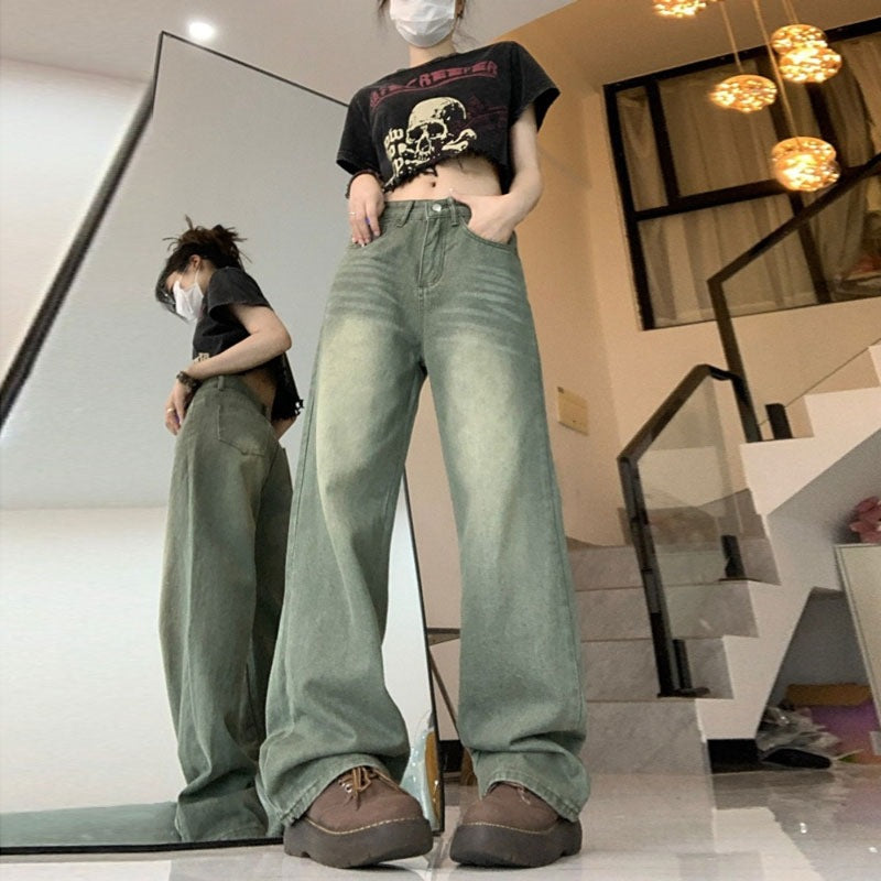 2025 Spring and Autumn Retro American High Waist Slim Straight-Leg Jeans Fashion Women's Loose Floor-Length Wide Leg Long Pants