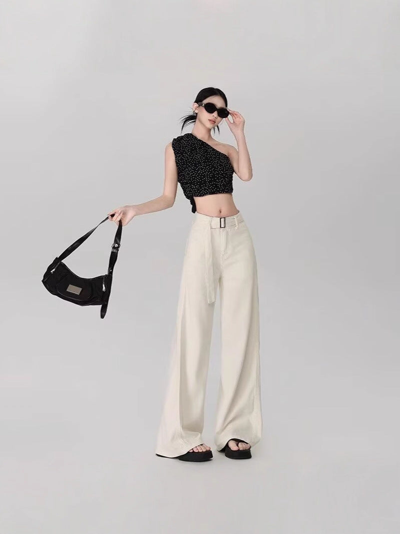 Off-White Wide-Leg Micro-Flared Jeans for Women 2025 Summer New Style Belt Draped Loose Straight White Pants