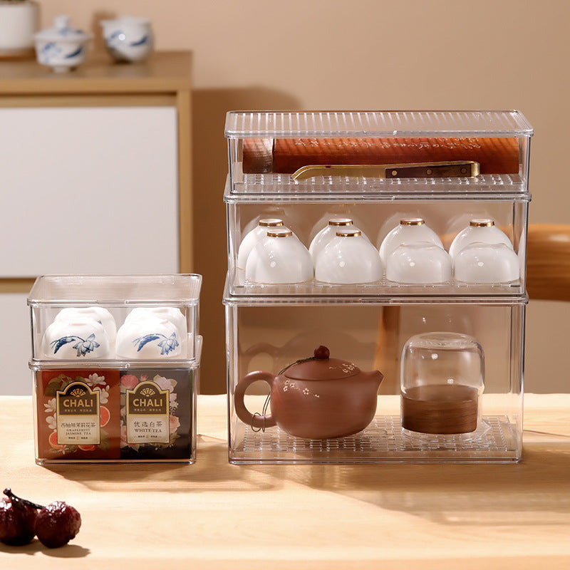 Tea Set Storage Box with Lid Dust-Proof Transparent Tea Table Desktop Tea Cup Storage Rack Kung Fu Teapot Storage Rack