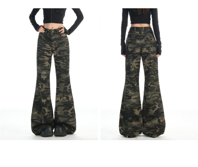 Autumn New Non-Elastic Slightly Spicy Cargo Pants American Retro Camouflage Flap Pocket Design Jeans for Women