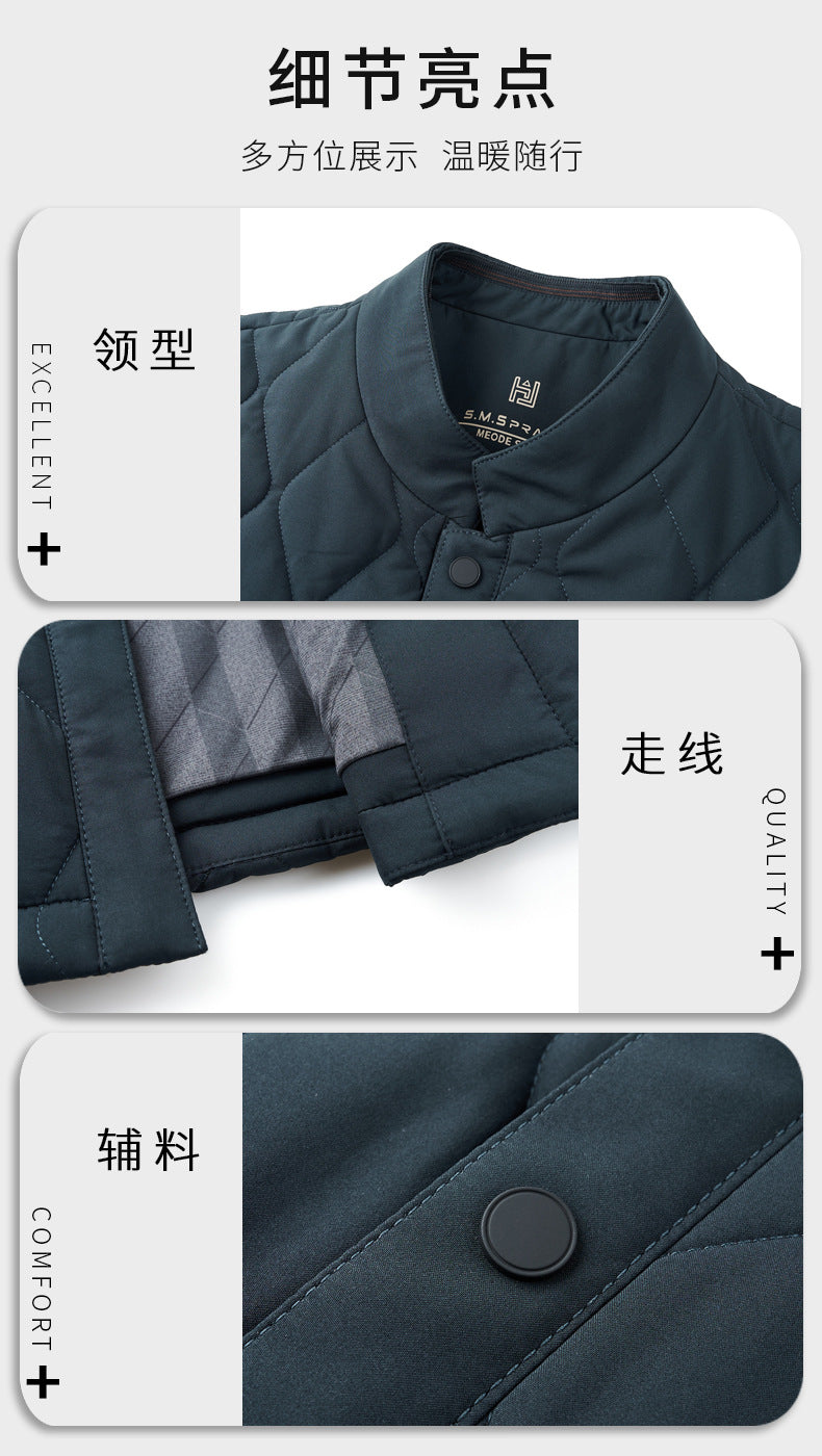 Men's Stand Collar Diamond Pattern Cotton Jacket Autumn and Winter Business Casual Warm Jacket Young and Middle-Aged Fashion Single-Breasted Top
