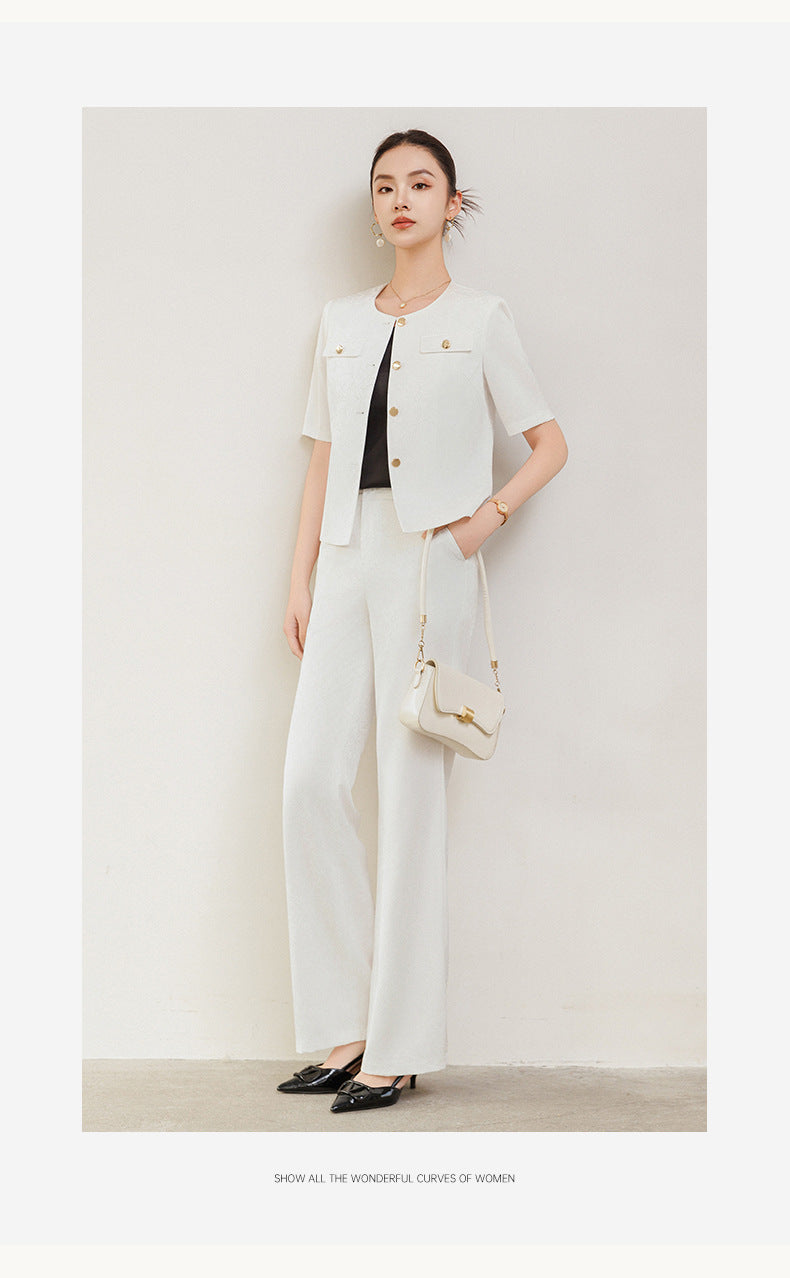 Summer Suit for Women, Thin, High-End, Professional, Fashionable, Short-Sleeved Suit, Wide-Leg Pants Two-Piece Set