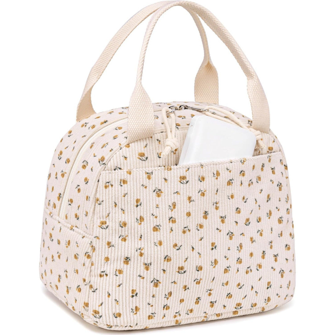 Cross-Border New Product Corduroy Printed Portable Lunch Bag Large Capacity Travel Picnic Ice Bag Work Insulation Bag