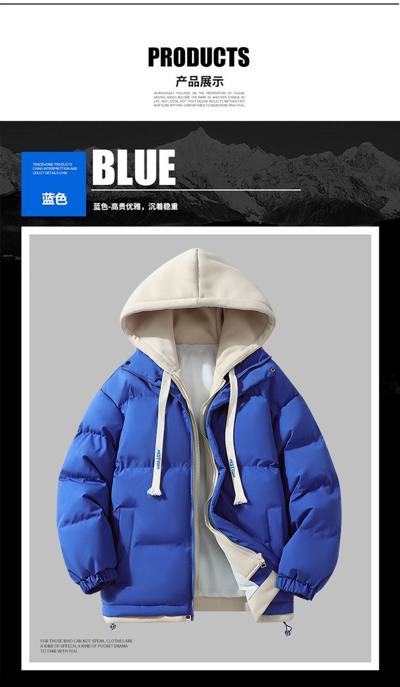 Hooded cotton-padded jacket winter thick warm couple's bread suit loose trend fake two-piece cotton-padded jacket men's hooded coat