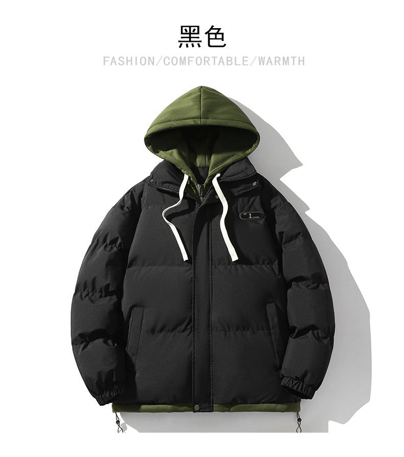 Men's Cotton-Padded Jacket Winter Cold-Proof Cotton Jacket Hooded Fake Two-Piece 2024 New Youth Cotton-Padded Jacket Couple Trendy Brand