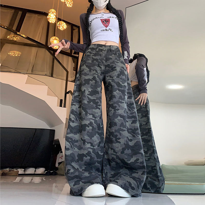 Plus Size Workwear Wide-Leg Camouflage Jeans for Women, Autumn American Style, Loose Retro Drape, Lazy Straight Pants for Chubby Women