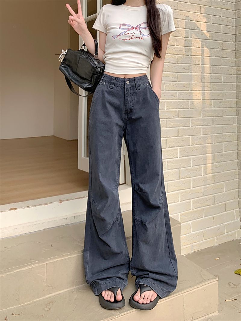 American Retro Design Workwear Jeans for Women New High Street Personalized Pleated Loose Straight Casual Pants