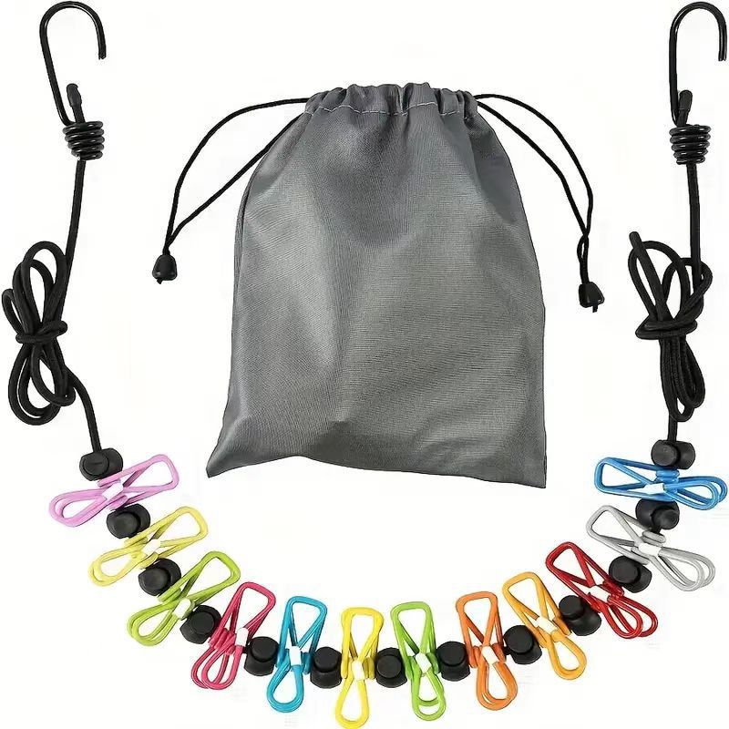 Creative Outdoor Elastic Windproof Clothesline with Positioning Buckle Korean Style Clothesline with Windproof Clip 12 Clips