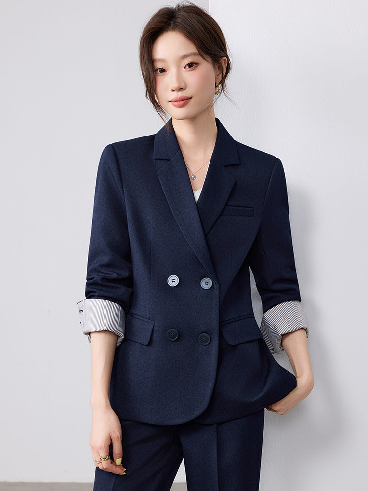 Cross-Border Fashion Simple Double-Breasted Suit Set for Women, New Design with High-End Elegance and Goddess-Like Style, Long-Sleeve Blazer