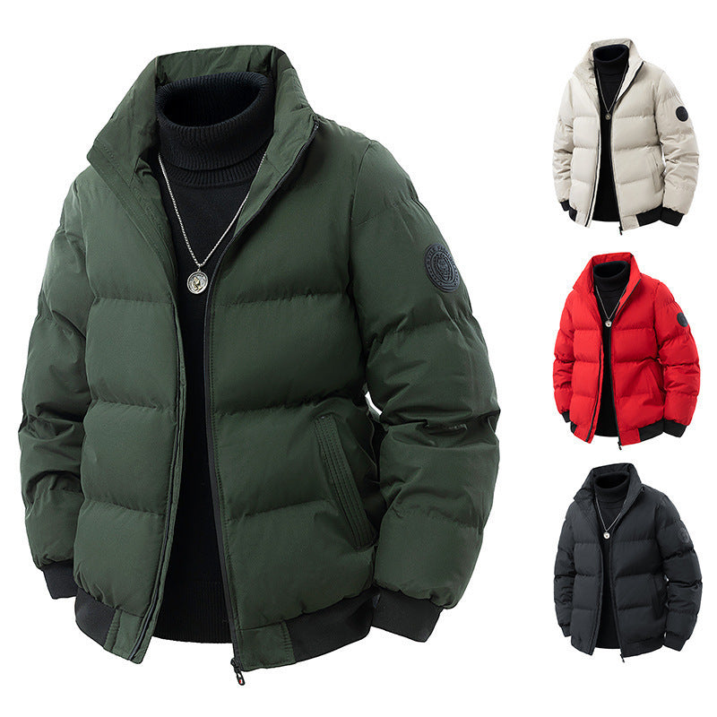 Cross-Border Export 2025 Winter Large Size Fashionable Casual Cotton Jacket Men's Pure Color Stand Collar Warm Thickeneded Cotton Jacket