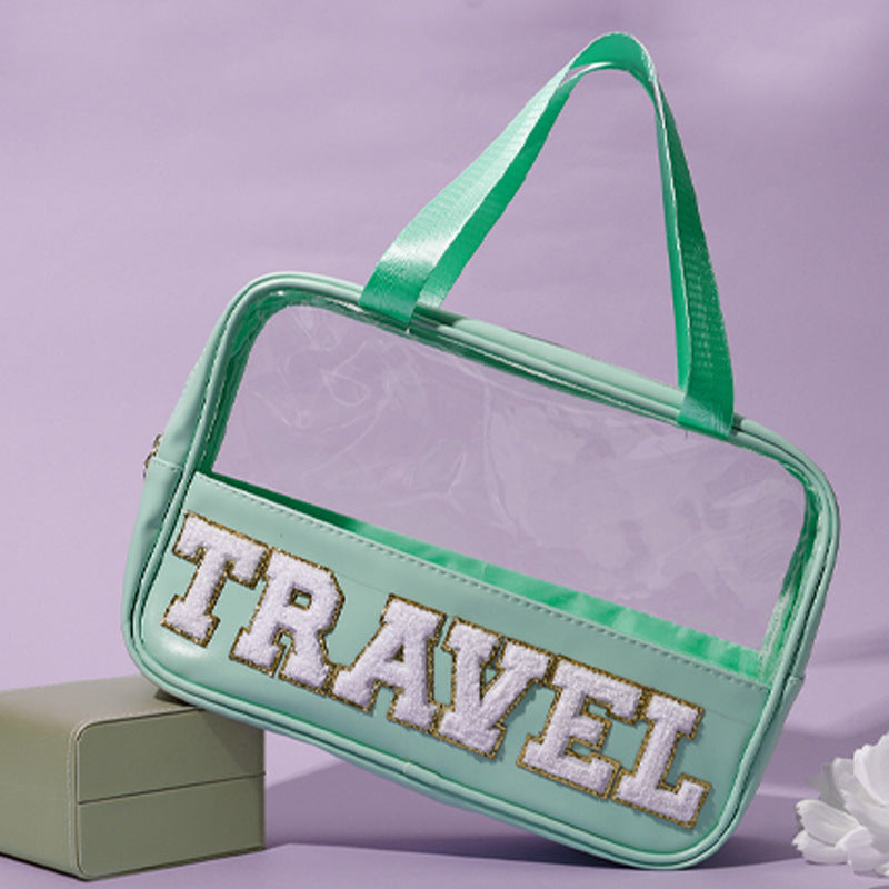 Amazon Cross Border Transparent PVC Handbag Embroidered Letters Storage Bag Large Capacity Travel Wash Bag