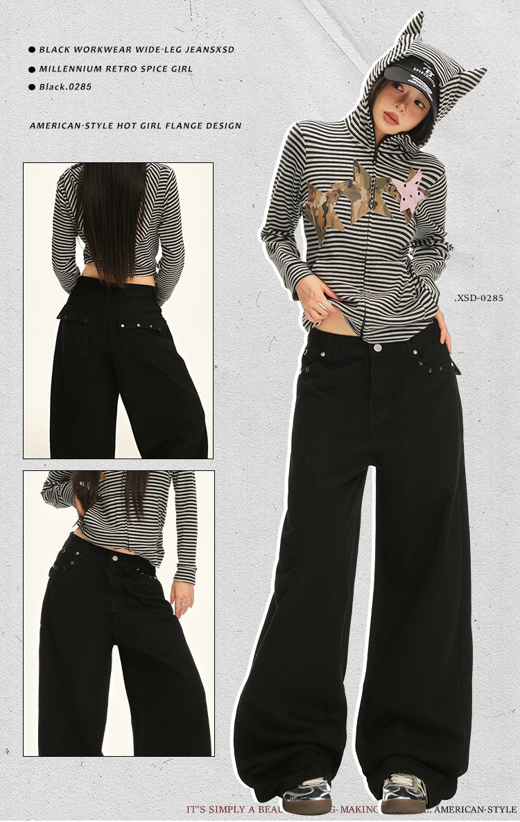 American Retro Pocket Design Black High-Waisted Wide-Leg Pants for Women, New Autumn Loose Drape Slimming Jeans for Women
