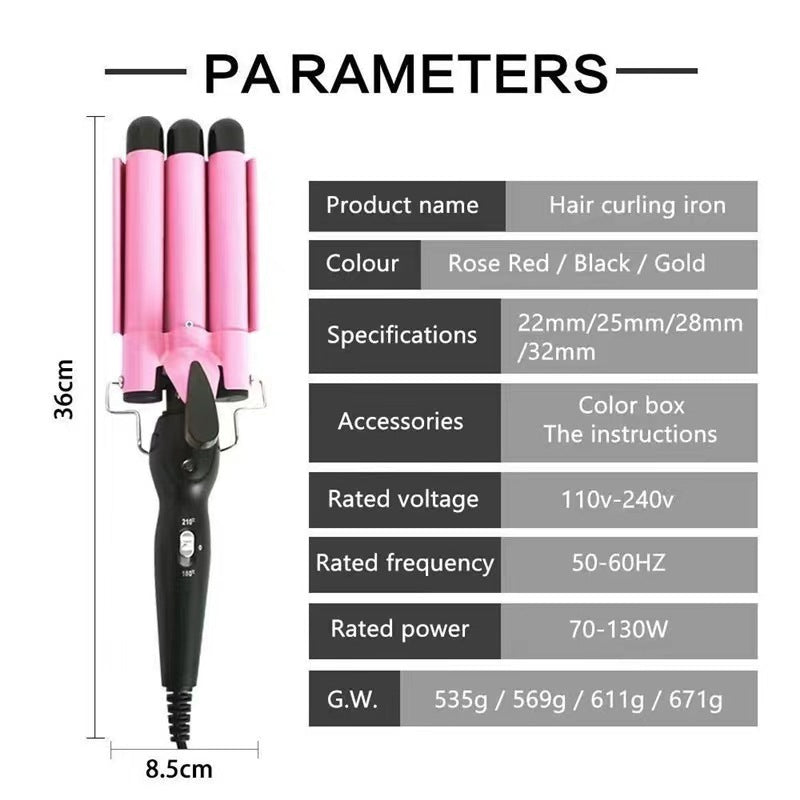 Hot sale three-tube curling iron three-rod curling iron water ripple hairdressing stick egg roll electric splint iron big wave