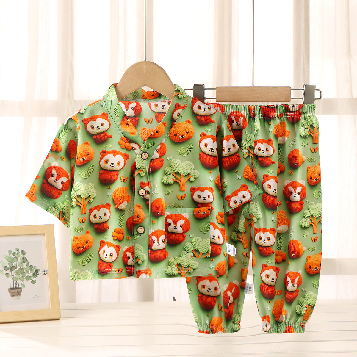 Children's Home Clothes Cotton Silk Suit Summer Boys and Girls Pajamas Artificial Cotton Two-Piece Set Cotton Silk Air-Conditioned Clothes Kidsren's Clothing