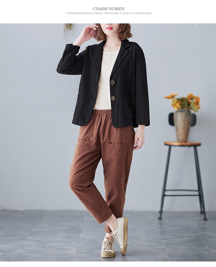 2025 Real Shot of New Cotton and Linen Retro Literary Loose Versatile Casual Long-Sleeved Button-Down Small Suit Short Jacket for Women