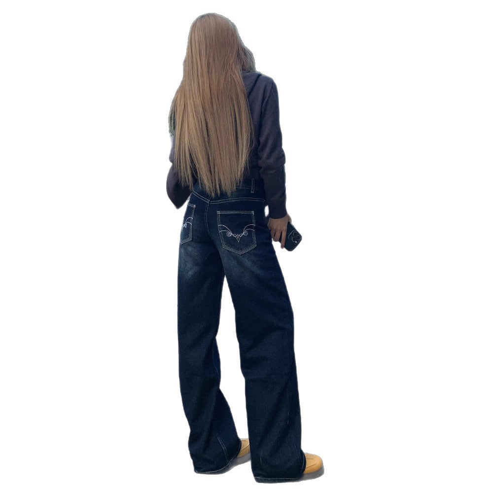 American-Style Embroidered Dark Blue Denim Wide-Leg Pants for Women, New Autumn and Winter Design, Lazy Versatile Casual Drape Straight-Leg Pants