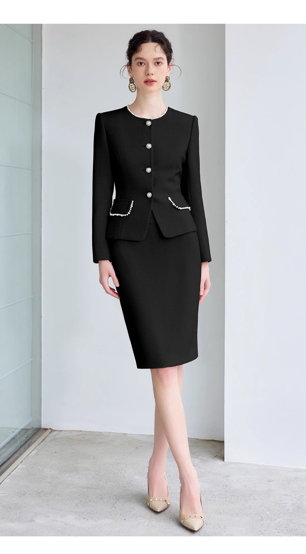 AD French Commuter Suit suit Women's High-end Pearl Crewneck Long-sleeved Jacket Black Business Dress Overskirt
