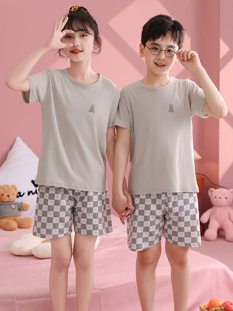 Children's Pajamas, Pure Cotton, Summer Short-Sleeved Shorts Set for Boys, Home Clothes for Girls, Air-Conditioned Clothes for Middle-Aged and Older Boys