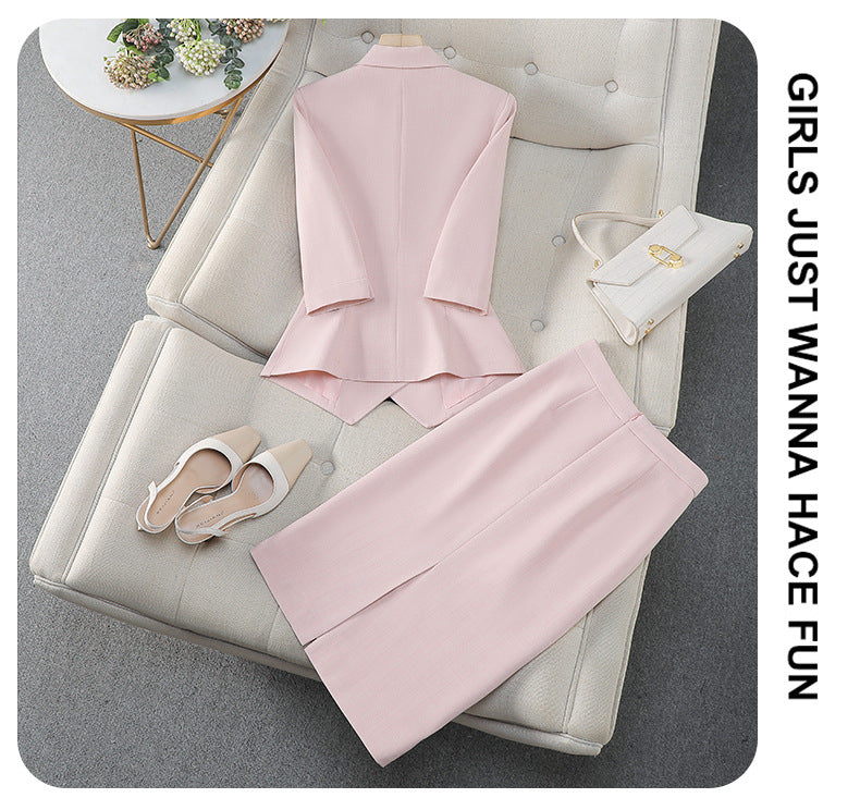 Cross-Border Professional Attire Pink Three-Quarter Sleeve Suit Skirt Women's Spring and Summer New Beauty Salon Work Clothes Over-The-Knee Skirt