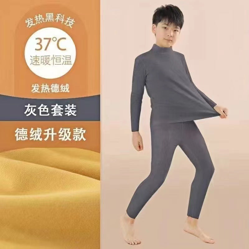 Mid-high collar children's velvet thermal suit for boys ground plush cold-proof one-piece velvet large children's thick thermal underwear