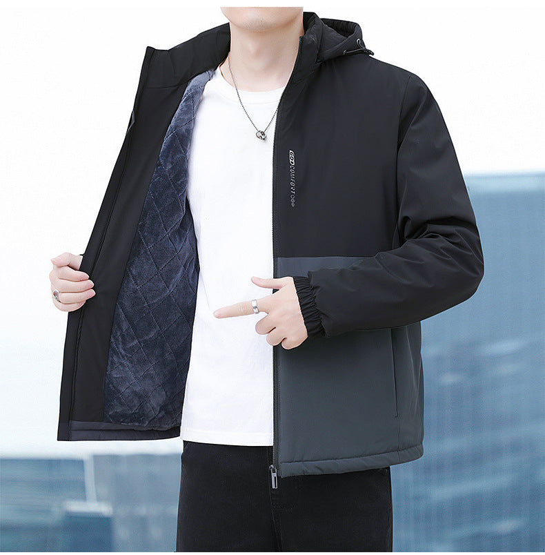 2024 Autumn and Winter New Cross-Border Men's Cotton Jacket Large Size Comfortable Fleece-Lined Warm Coat with Detachable Hood