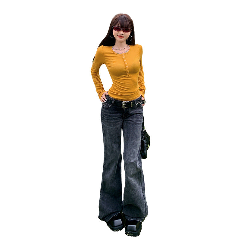 American Style Black and Gray Low-Waist Bootcut Jeans for Women 2025 Autumn and Winter New Sexy Elastic Slimming Look Versatile Bell-Bottom Pants
