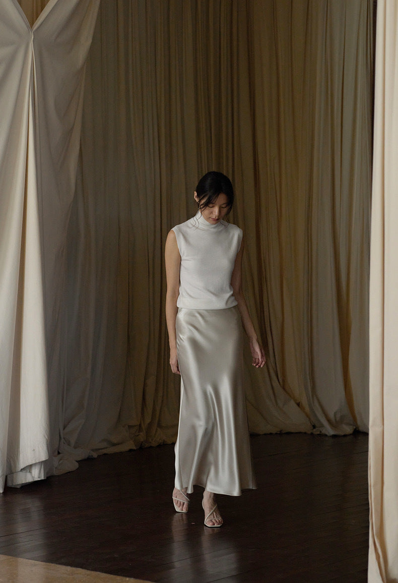 Japanese Imported Triacetate Satin Water Ripple Satin 45-Degree Bias-Cut Solid Color Long Fishtail A-Line Skirt for Women