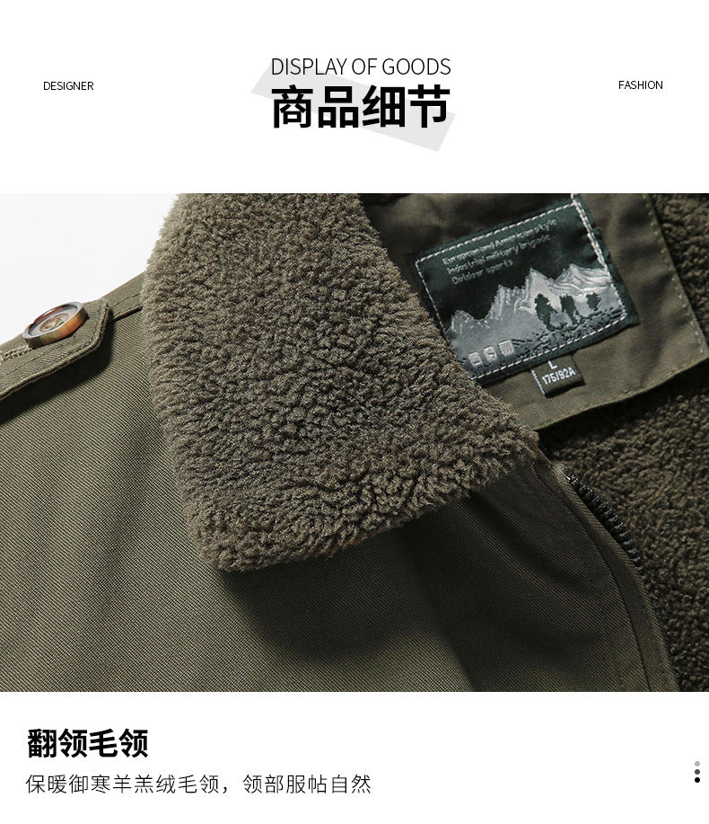 New Lamb Wool Jacket Men's Winter Thickened Wool Collar fleece-lined Overalls Cotton-padded Jacket Men's Jacket Casual Cotton-padded Jacket Aviator