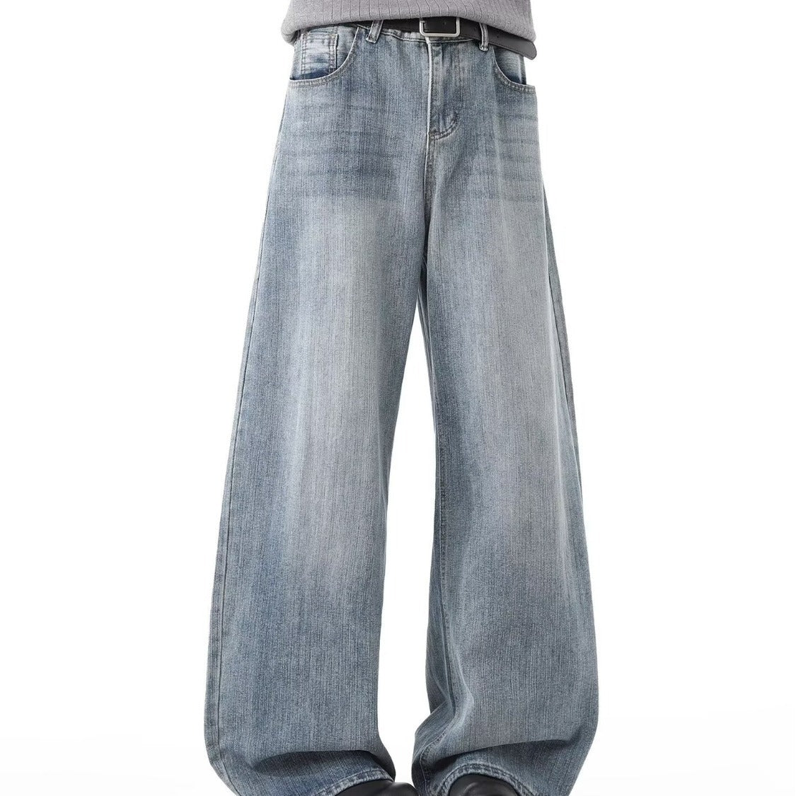 Spring and Autumn American Retro Blue Versatile Wide-Leg Men's Jeans, Stylish Hip-Hop Loose Petite Drape Straight Pants