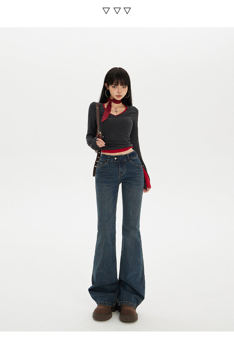 American Hot Girl Low-Waist Bootcut Jeans for Women 2025 Autum New Slim Fit Elastic Slimming Look Horseshoe Flared Pants