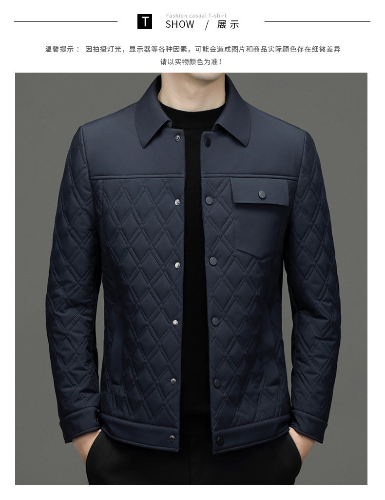 High-end men's mulberry silk cotton-padded coat business casual plaid middle-aged lightweight cotton-padded jacket autumn and winter men's lapel cotton-padded coat