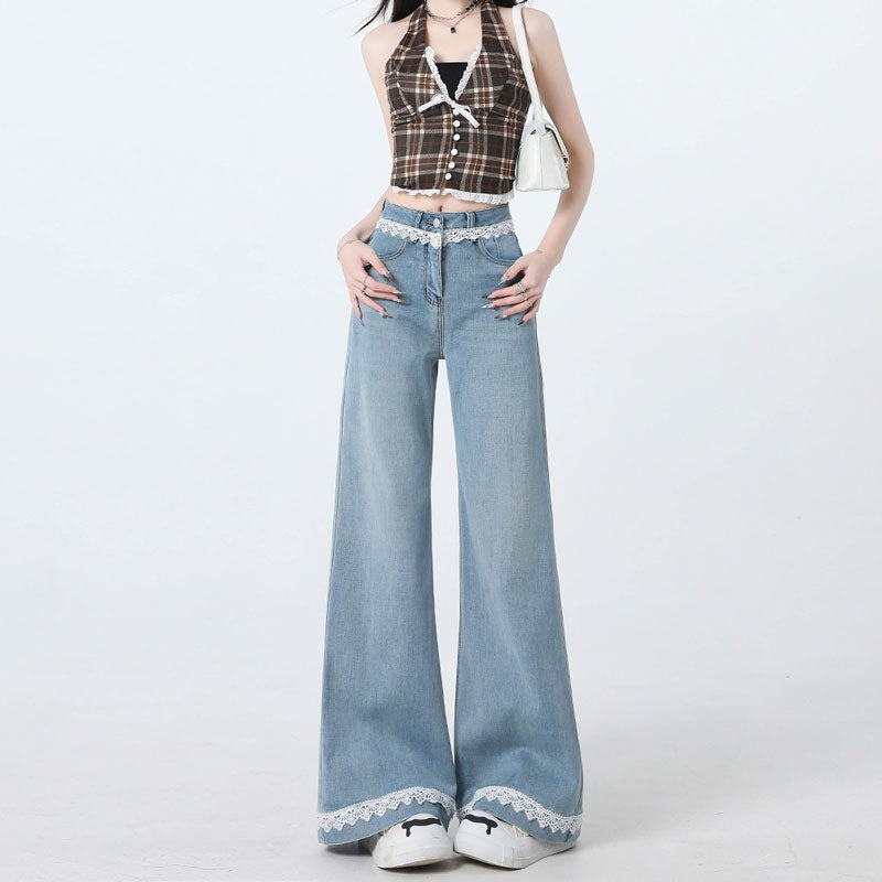 Light-Colored Lace Trim Flared Jeans for Women, 2025 Autumn New High-Waisted Loose Drape Non-Tight Flared Pants