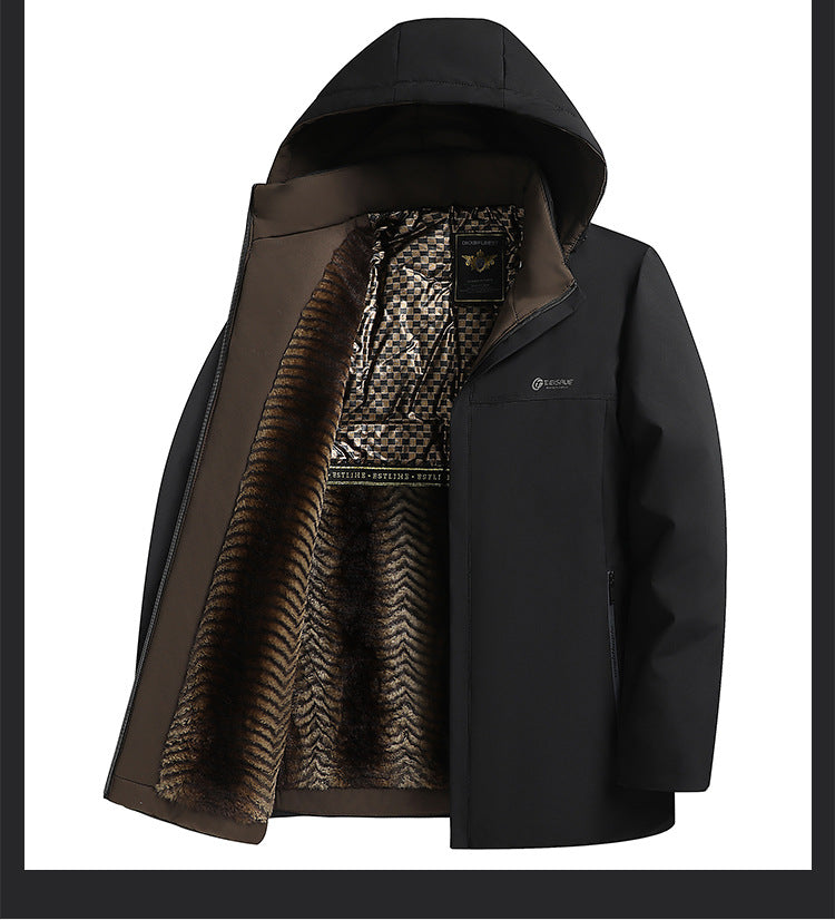 Middle-aged and elderly cotton-padded jacket 2024 winter middle-aged men's fleece-lined hooded jacket business leisure warm cotton-padded jacket