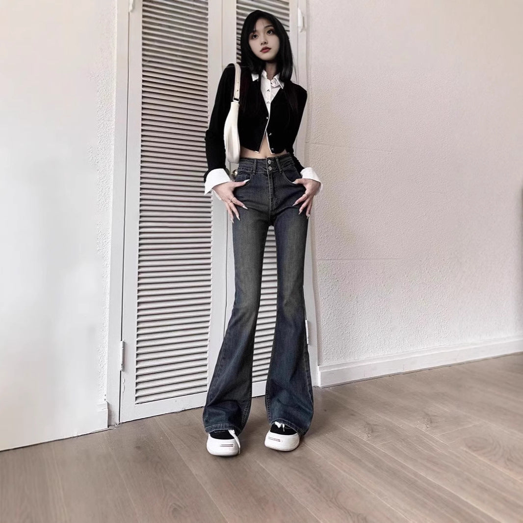 American Retro Denim Flared Pants for Women, Spring and Autumn New Gradient Floor-Length Petite High-Waisted Slimming Bootcut Pants