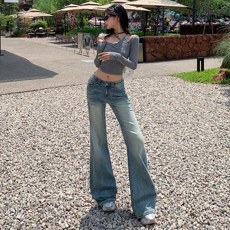American Hot Girl Washed Retro Slim Jeans for Women Early Autumn New Versatile Fashionable and Comfortable Low-Waist Micro-Flared Pants