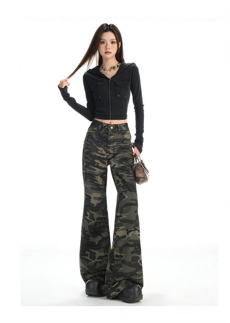 Autumn New Non-Elastic Slightly Spicy Cargo Pants American Retro Camouflage Flap Pocket Design Jeans for Women