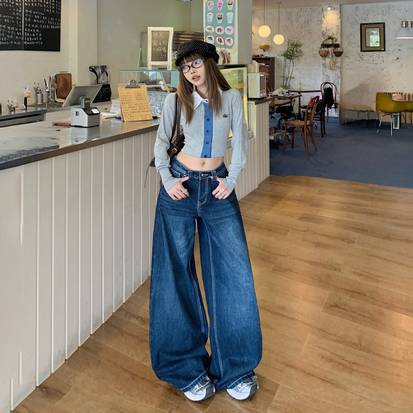 American-Style Dark Blue Wide-Leg Jeans for Women, 2025 Autumn New Straight High-Waisted Loose Slimming Lazy Floor-Length Pants