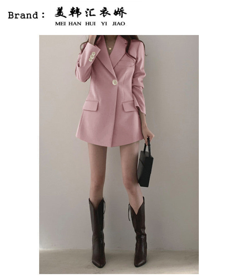 khaki Suit Jacket Women's Spring and Autumn Korean-style Ins Hong Kong-style Retro Top Tight Waist Slimming Mid-length Small Suit
